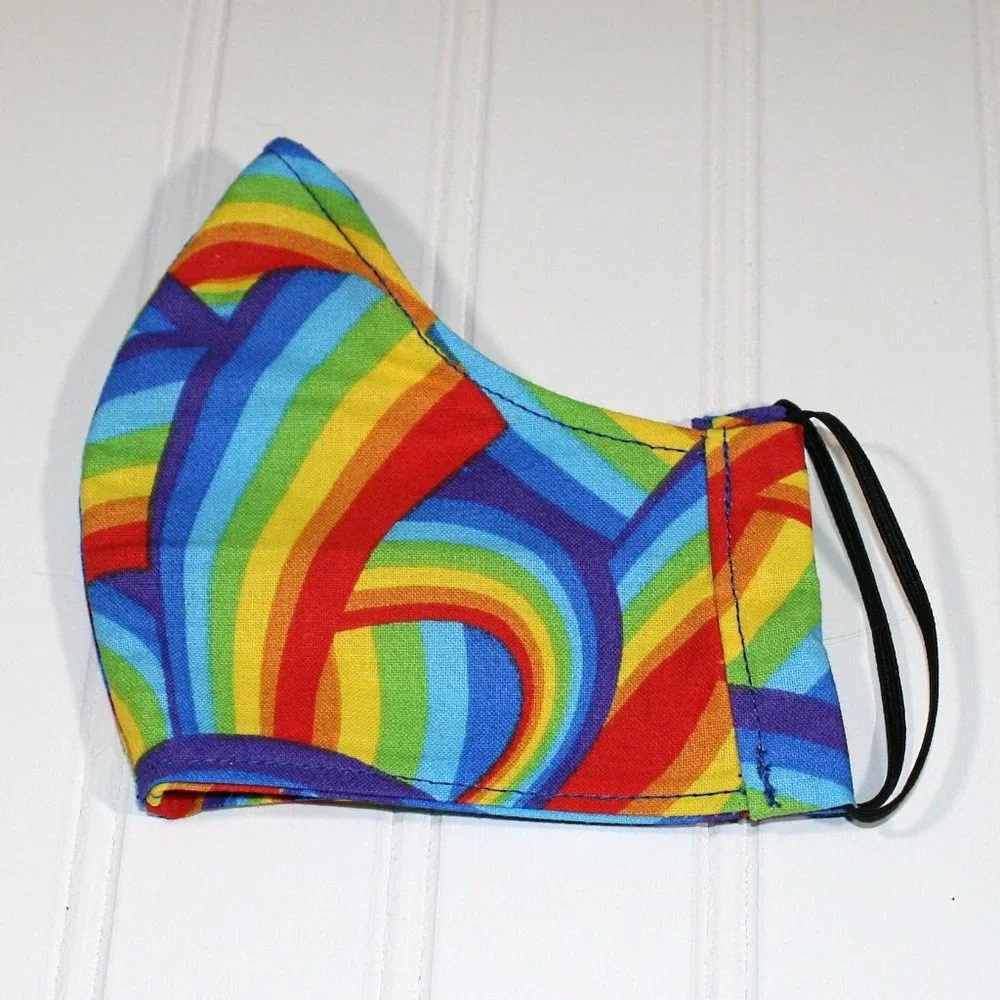 HAND CRAFTED Face Mask Rainbow Colorful Cotton LGBTQ+ - Adult - Shield Style